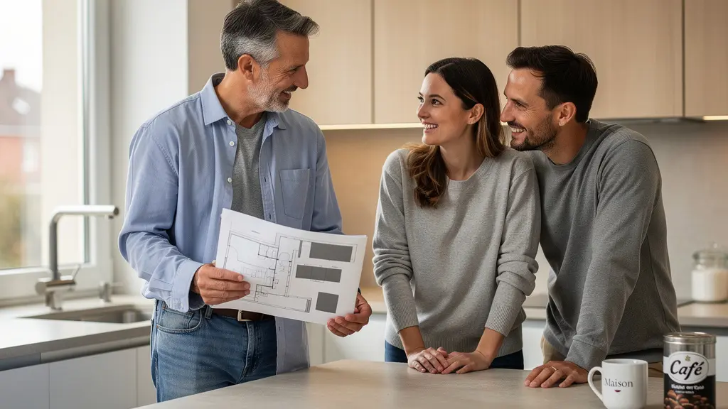 Artisan plombier certifié présentant un document technique à un couple de propriétaires dans leur cuisine à Cholet
