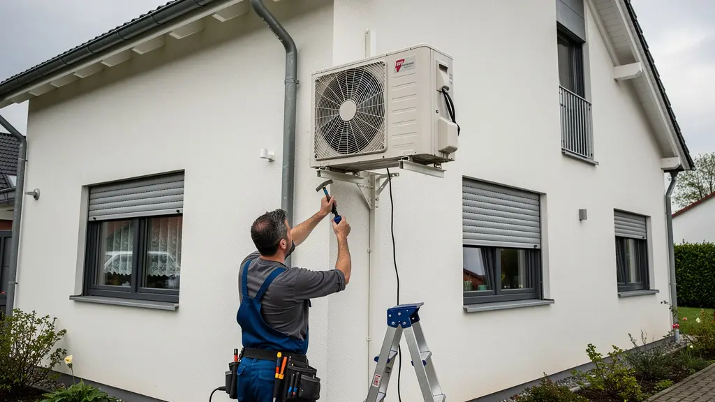 Technicien certifié installant une pompe à chaleur extérieure sur façade de maison individuelle dans le Maine-et-Loire
