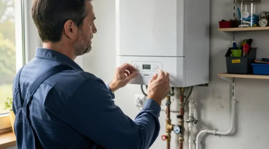 Artisan plombier chauffagiste certifié inspectant une chaudière murale moderne dans un garage résidentiel à Cholet