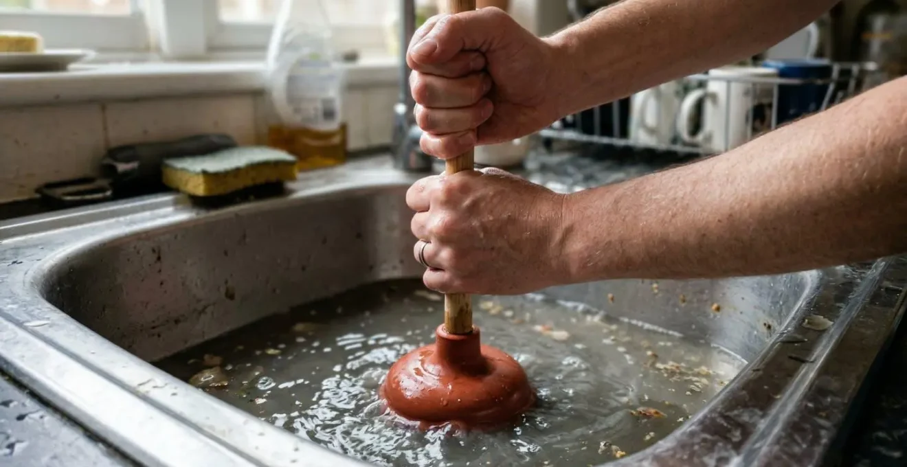 Des mains utilisent une ventouse sur un évier de cuisine avec de l'eau trouble visible