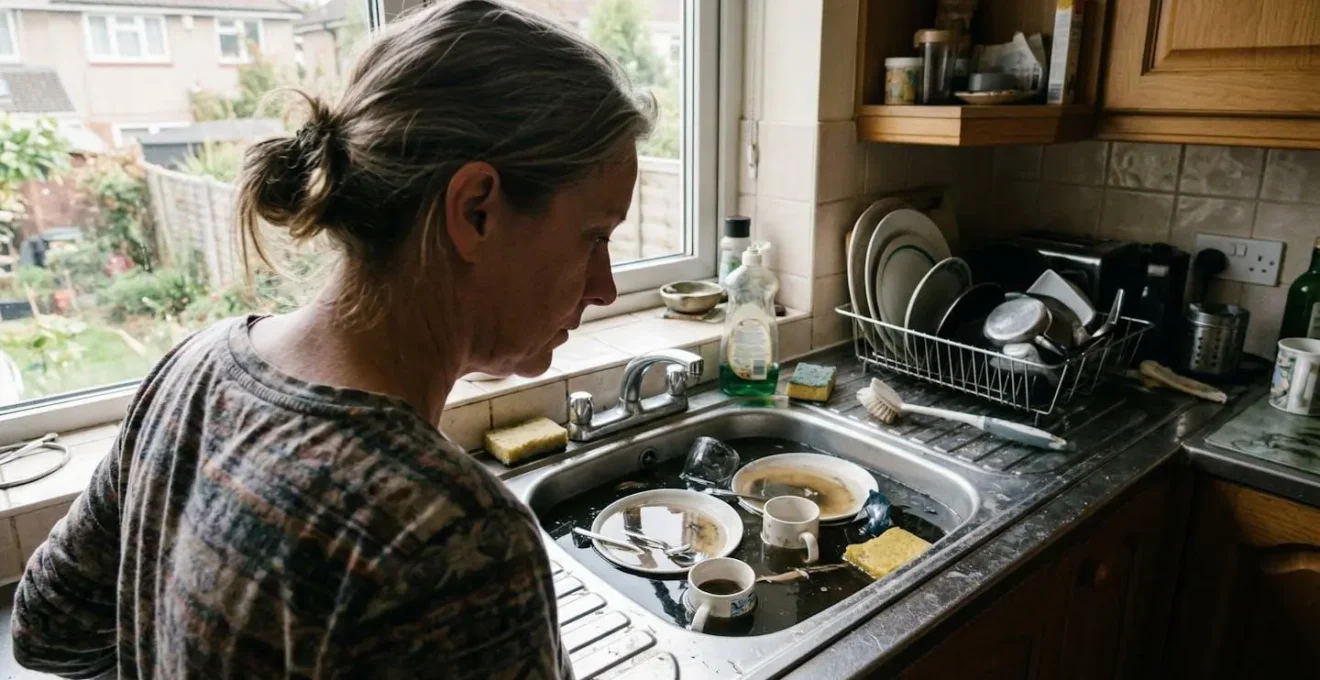 Une femme vue de dos observe l'eau qui stagne dans son évier de cuisine, lumière naturelle matinale filtrant par la fenêtre