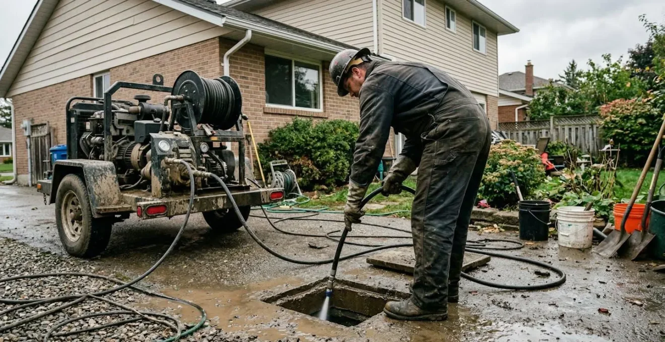 Un technicien en combinaison de travail manipule un équipement d'hydrocurage près d'un regard extérieur devant une maison de ville