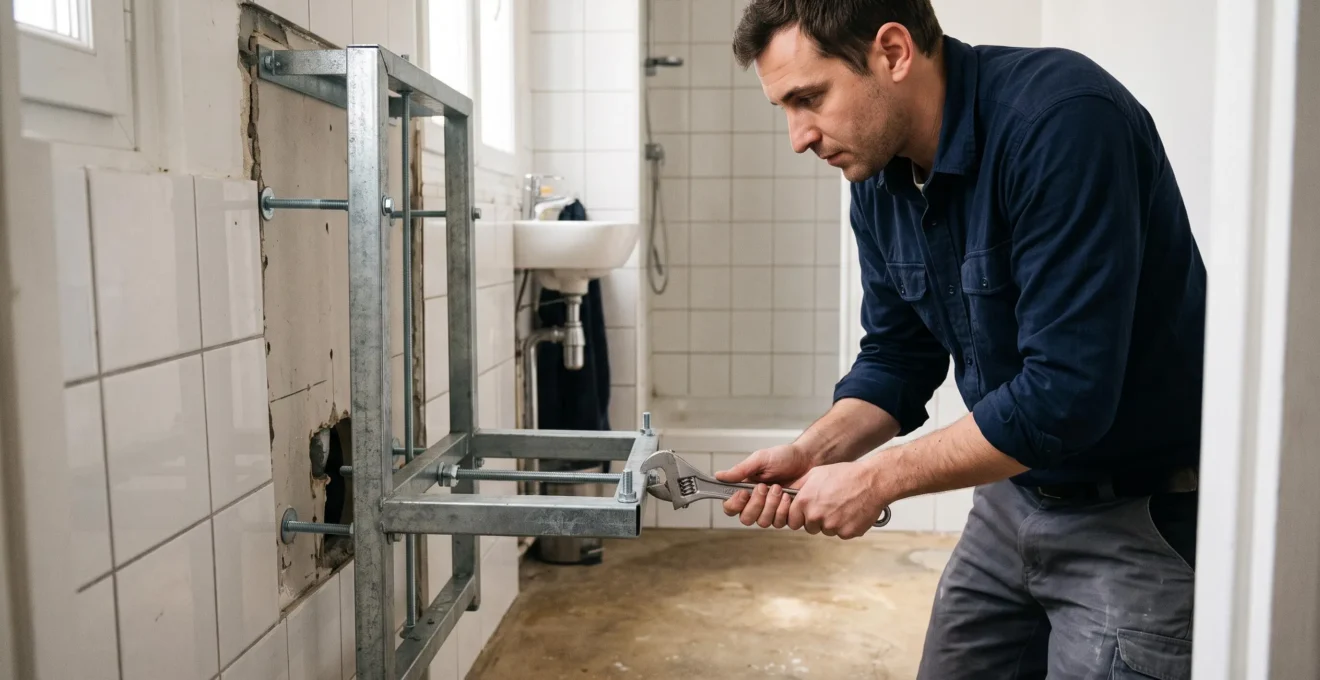 Plombier ajustant le bâti-support métallique d'un WC suspendu dans une petite salle de bain, sol dégagé visible