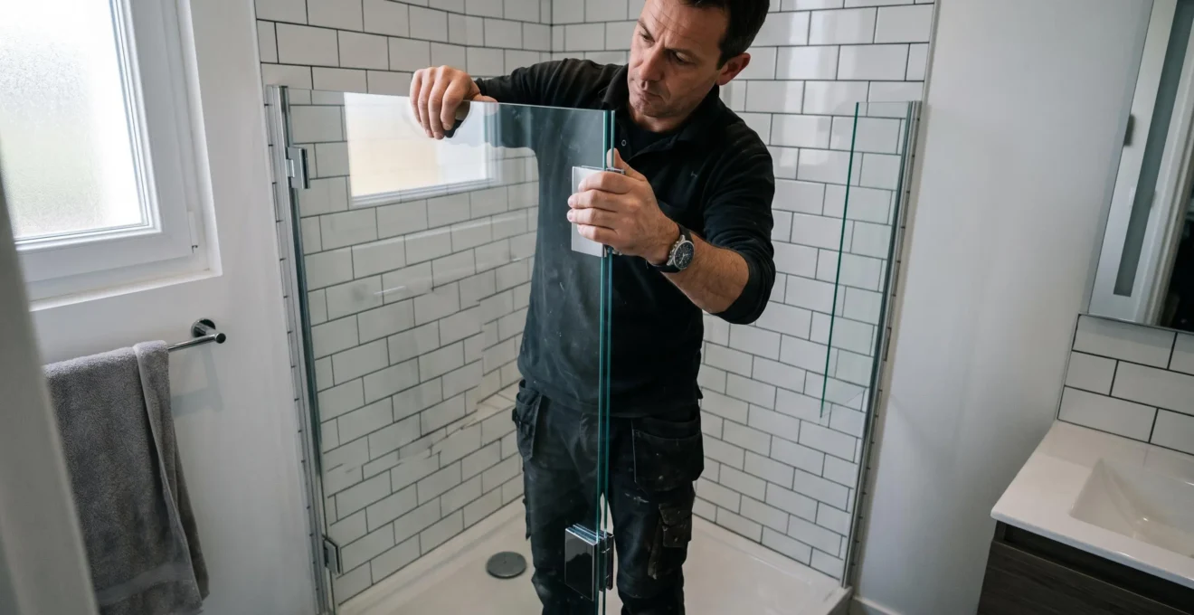 Installateur ajustant une paroi de verre sans cadre pour une douche d'angle compacte dans une petite salle de bain