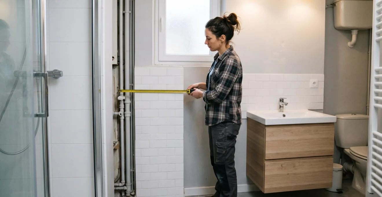Installateur mesurant l'espace mural pour un meuble-vasque suspendu compact dans une petite salle de bain française