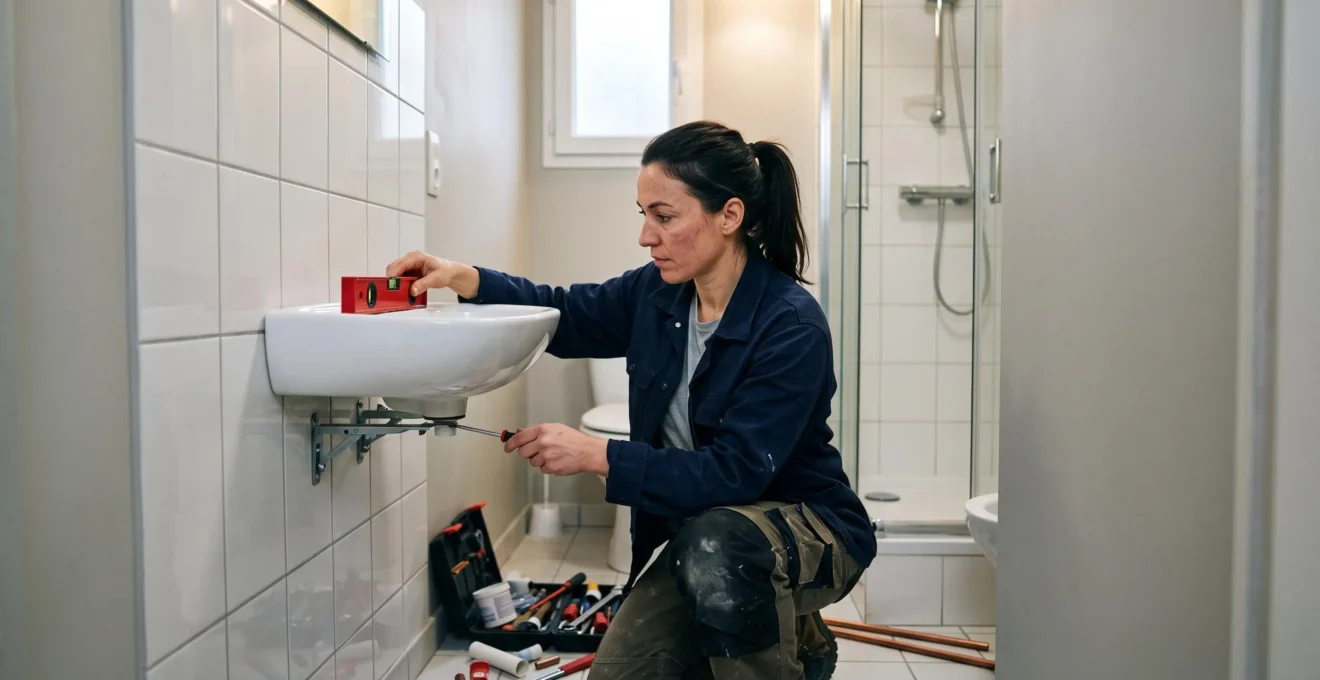 Plombier installant un lavabo mural compact dans une petite salle de bain française avec carrelage blanc
