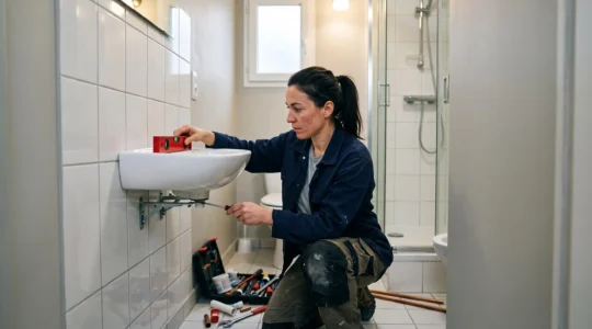 Plombier installant un lavabo mural compact dans une petite salle de bain française avec carrelage blanc